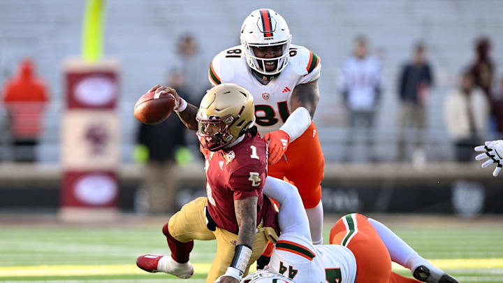 Nov 24, 2023; Chestnut Hill, Massachusetts, USA; Boston College Eagles quarterback Thomas