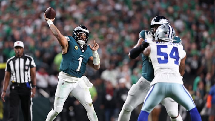 Sep 4, 2025; Philadelphia, Pennsylvania, USA; Philadelphia Eagles quarterback Jalen Hurts (1) passes the ball against the Dallas Cowboys during the second quarter of the game at Lincoln Financial 