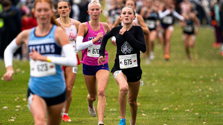 Waukee Northwest's Ella Jones competes during the Iowa high school cross country championships at Lakeside Municipal Golf Course on Saturday, Nov. 1, 2025, in Fort Dodge. Waukee Northwest's Ella Jones competes during the Iowa high school cross country championships at Lakeside Municipal Golf Course on Saturday, Nov. 1, 2025, in Fort Dodge.