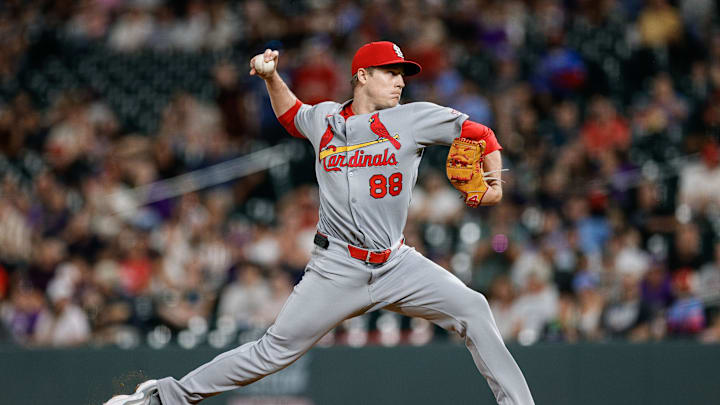 Jul 21, 2025; Denver, Colorado, USA; St. Louis Cardinals relief pitcher Phil Maton (88) pitches in the ninth inning against the Colorado Rockies at Coors Field. Mandatory Credit: Isaiah J. Downing-Imagn Images