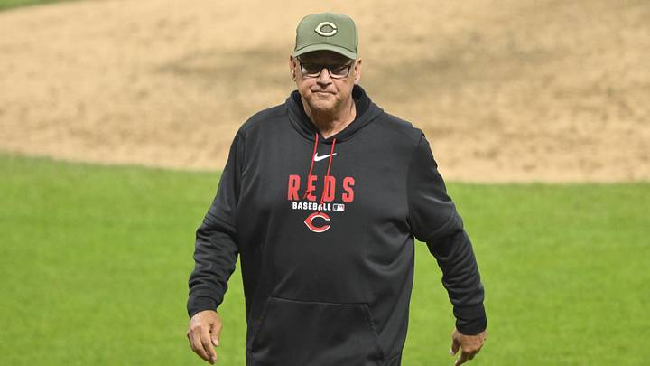 May 15, 2026; Cleveland, Ohio, USA; Cincinnati Reds manager Terry Francona (77) walks on the field in the eighth inning against the Cleveland Guardians at Progressive Field. Mandatory Credit: David Richard-Imagn Images
