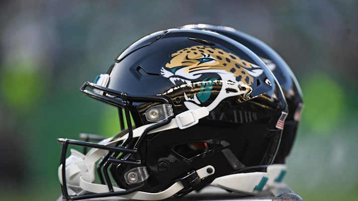 Nov 3, 2024; Philadelphia, Pennsylvania, USA; Jacksonville Jaguars helmets on the sidelines against the Philadelphia Eagles at Lincoln Financial Field. Mandatory Credit: Eric Hartline-Imagn Images