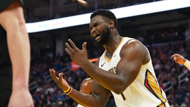 Oct 30, 2024; San Francisco, California, USA; New Orleans Pelicans forward Zion Williamson (1) reacts to to a play during the second quarter against the Golden State Warriors at Chase Center. Mandatory Credit: David Gonzales-Imagn Images