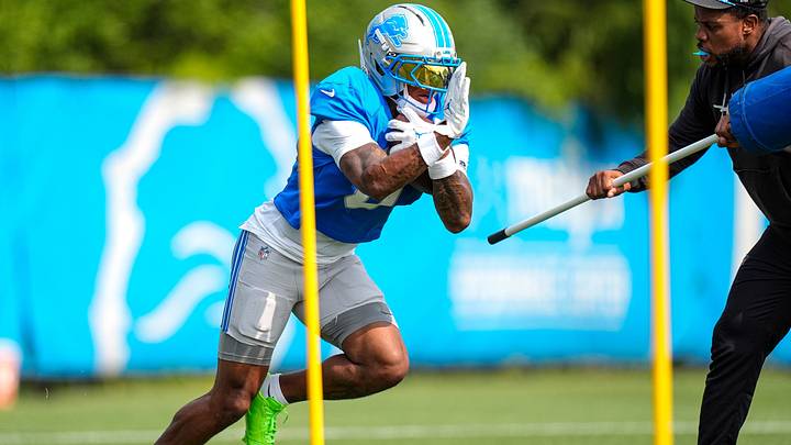 Detroit Lions running back Jahmyr Gibbs (0) practices during training camp at Meijer Performance Center in Allen Park on Monday, August 10, 2026.