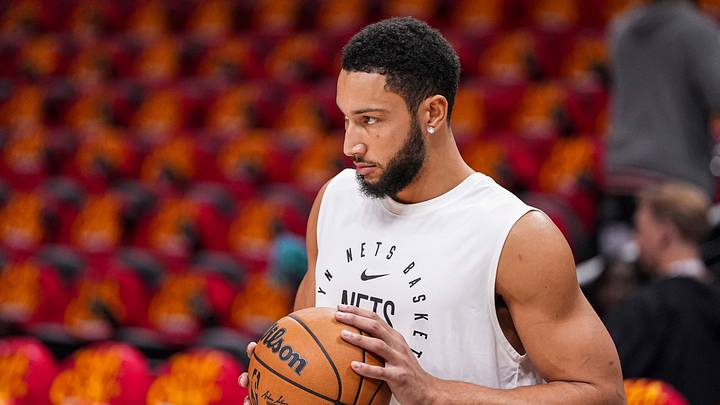 Oct 23, 2024; Atlanta, Georgia, USA; Brooklyn Nets guard Ben Simmons (10) warms up on the court before the game against the Atlanta Hawks at State Farm Arena. Mandatory Credit: Dale Zanine-Imagn Images