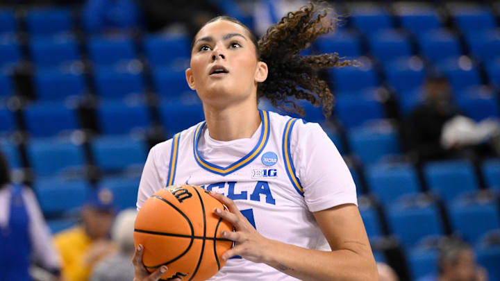 Mar 23, 2025; Los Angeles, California, USA; UCLA Bruins center Lauren Betts (51) during pregame warmups before an NCAA Tournament second round game against the Richmond Spiders at Pauley Pavilion presented by Wescom. Mandatory Credit: Robert Hanashiro-Imagn Images