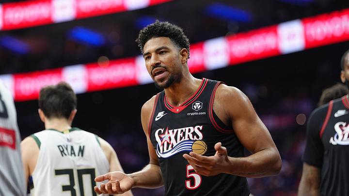 Apr 12, 2026; Philadelphia, Pennsylvania, USA; Philadelphia 76ers guard Quentin Grimes (5) reacts against the Milwaukee Bucks in the second quarter at Xfinity Mobile Arena. Mandatory Credit: Kyle Ross-Imagn Images Apr 12, 2026; Philadelphia, Pennsylvania, USA; Philadelphia 76ers guard Quentin Grimes (5) reacts against the Milwaukee Bucks in the second quarter at Xfinity Mobile Arena. Mandatory Credit: Kyle Ross-Imagn Images