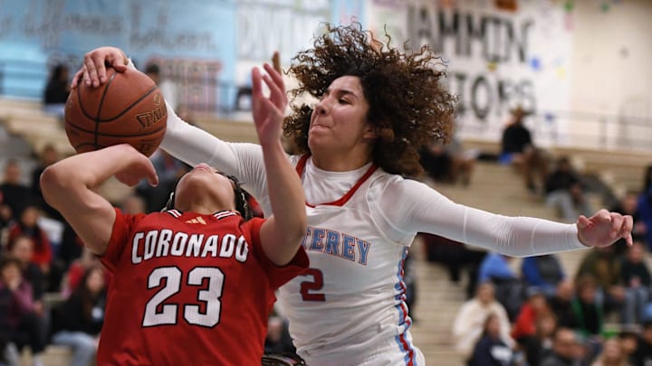 Monterey's Aaliyah Chavez blocks a shot by Coronado's Kamryn Hill in a District 3-5A girls basketball game Tuesday, Jan. 7, 2025, at Monterey High School.