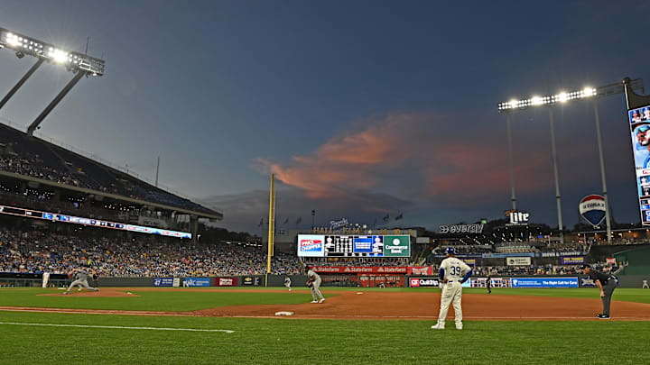 Jun 25, 2024; Kansas City, Missouri, USA; A general view of Kauffman Stadium in the seventh inning of a game between the Kansas City Royals and Miami Marlins. Mandatory Credit: Peter Aiken-Imagn Images Jun 25, 2024; Kansas City, Missouri, USA; A general view of Kauffman Stadium in the seventh inning of a game between the Kansas City Royals and Miami Marlins. Mandatory Credit: Peter Aiken-Imagn Images