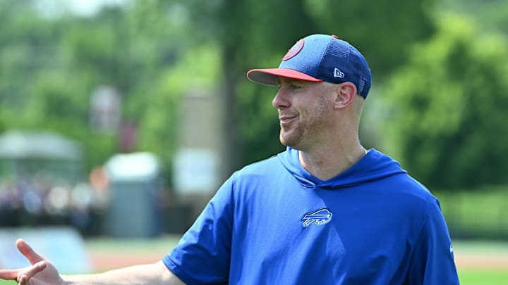 Jul 24, 2024; Rochester, NY, USA; Buffalo Bills offensive coordinator Joe Brady during training camp at St. John Fisher University. Mandatory Credit: Mark Konezny-Imagn Images