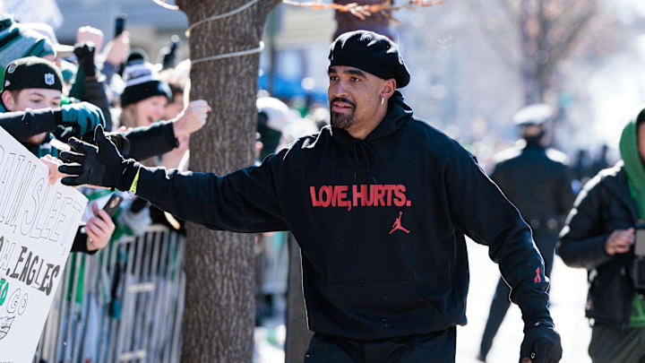 Philadelphia Eagles quarterback Jalen Hurts celebrates during the Super Bowl LIX championship parade and rally.