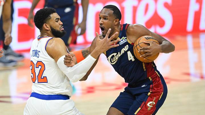 May 23, 2026; Cleveland, Ohio, USA; Cleveland Cavaliers forward Evan Mobley (4) drives the ball while defended by New York Knicks center Karl-Anthony Towns (32) in the first quarter during game three of the eastern conference finals for the 2026 NBA playoffs at Rocket Arena. Mandatory Credit: David Richard-Imagn Images May 23, 2026; Cleveland, Ohio, USA; Cleveland Cavaliers forward Evan Mobley (4) drives the ball while defended by New York Knicks center Karl-Anthony Towns (32) in the first quarter during game three of the eastern conference finals for the 2026 NBA playoffs at Rocket Arena. Mandatory Credit: David Richard-Imagn Images