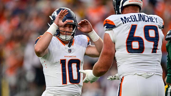 DENVER, CO - AUGUST 21: Denver Broncos quarterback Bo Nix (10) celebrates after a first quarter touchdown pass during a preseason game between the Green Bay Packers and the Denver Broncos at Empower Field at Mile High on August 21, 2026 in Denver, Colorado. DENVER, CO - AUGUST 21: Denver Broncos quarterback Bo Nix (10) celebrates after a first quarter touchdown pass during a preseason game between the Green Bay Packers and the Denver Broncos at Empower Field at Mile High on August 21, 2026 in Denver, Colorado.