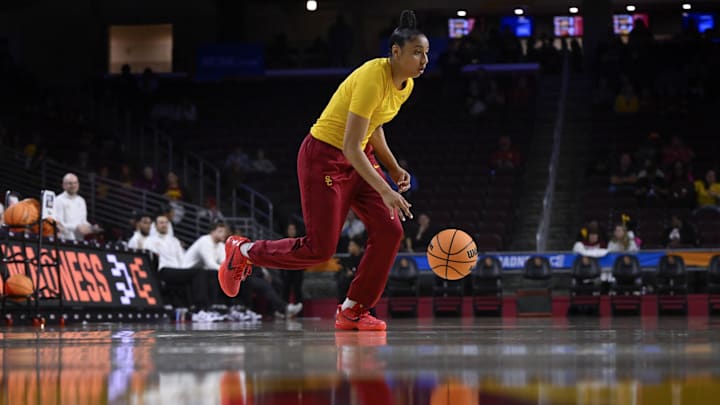 Mar 25, 2024; Los Angeles, CA, USA; USC Trojans guard JuJu Watkins during pregame warmups.