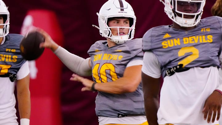 Arizona State quarterback Sam Leavitt (10) throws a pass during a practice at the Verde Dickey Dome in Tempe on Aug. 19, 2025.
