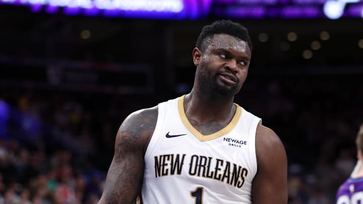 Mar 2, 2025; Salt Lake City, Utah, USA; New Orleans Pelicans forward Zion Williamson (1) reacts to a play against the Utah Jazz during the second half at Delta Center. Mandatory Credit: Rob Gray-Imagn Images
