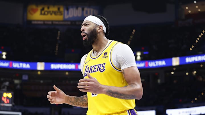 Nov 30, 2023; Oklahoma City, Oklahoma, USA; Los Angeles Lakers forward Anthony Davis (3) reacts to
