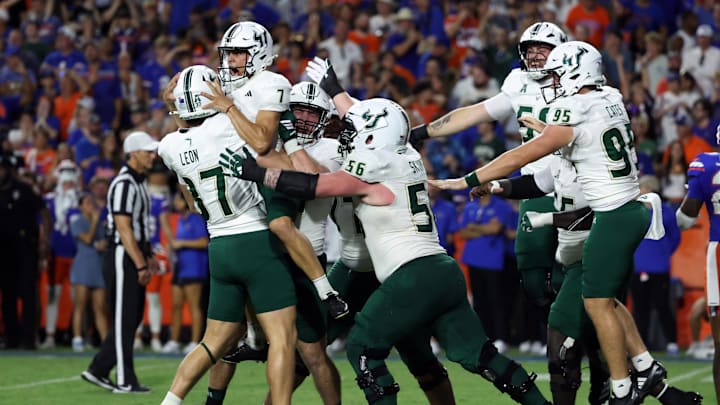 Sep 6, 2025; Gainesville, Florida, USA; South Florida Bulls place kicker Nico Gramatica (7) celebrates after he kicks the game winning field goal as time expires to beat the Florida Gators at Ben Hill Griffin Stadium. Mandatory Credit: Kim Klement Neitzel-Imagn Images