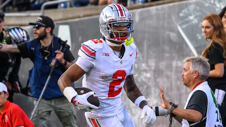 Oct 12, 2024; Eugene, Oregon, USA; Ohio State Buckeyes wide receiver Emeka Egbuka (2) catches a pass for a touchdown during the first half against the Oregon Ducks at Autzen Stadium. Oct 12, 2024; Eugene, Oregon, USA; Ohio State Buckeyes wide receiver Emeka Egbuka (2) catches a pass for a touchdown during the first half against the Oregon Ducks at Autzen Stadium.