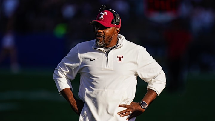 Oct 5, 2024; East Hartford, Connecticut, USA;  Temple Owls head coach Stan Drayton watches from the sideline as they take on the Connecticut Huskies at Rentschler Field at Pratt & Whitney Stadium. Mandatory Credit: David Butler II-Imagn Images
