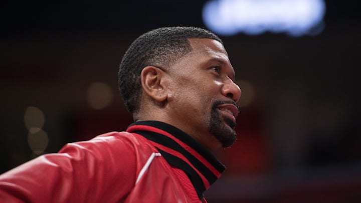 Oct 26, 2019; Detroit, MI, USA; NBA former player Jalen Rose during the game between the Detroit Pistons and the Philadelphia 76ers at Little Caesars Arena. Mandatory Credit: Tim Fuller-Imagn Images