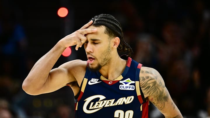 Nov 8, 2025; Cleveland, Ohio, USA; Cleveland Cavaliers guard Jaylon Tyson (20) celebrates after hitting a three point basket against the Chicago Bulls during the second half at Rocket Arena. Mandatory Credit: Ken Blaze-Imagn Images