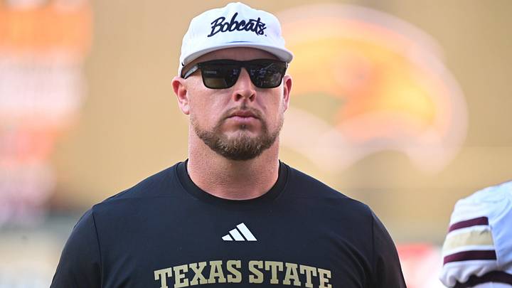 Texas State Bobcats head coach GJ Kinne walks on the sidelines during the game against the Southern Miss Golden Eagles at M.M. Roberts Stadium in Hattiesburg, Miss., on Nov. 15, 2025. Texas State Bobcats head coach GJ Kinne walks on the sidelines during the game against the Southern Miss Golden Eagles at M.M. Roberts Stadium in Hattiesburg, Miss., on Nov. 15, 2025.