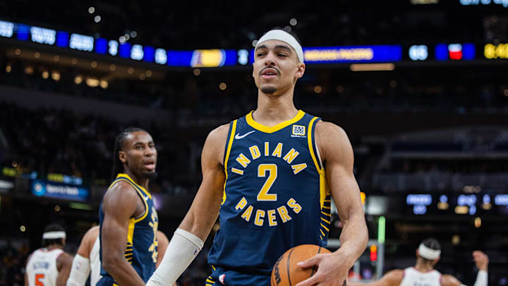 Feb 11, 2025; Indianapolis, Indiana, USA; Indiana Pacers guard Andrew Nembhard (2) holds the ball in the second half against the New York Knicks at Gainbridge Fieldhouse. Mandatory Credit: Trevor Ruszkowski-Imagn Images Feb 11, 2025; Indianapolis, Indiana, USA; Indiana Pacers guard Andrew Nembhard (2) holds the ball in the second half against the New York Knicks at Gainbridge Fieldhouse. Mandatory Credit: Trevor Ruszkowski-Imagn Images