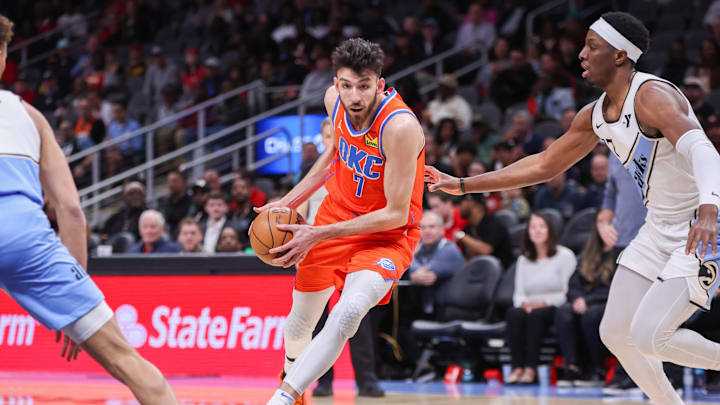 Feb 28, 2025; Atlanta, Georgia, USA; Oklahoma City Thunder forward Chet Holmgren (7) drives to the basket against the Atlanta Hawks in the first quarter at State Farm Arena. Mandatory Credit: Brett Davis-Imagn Images