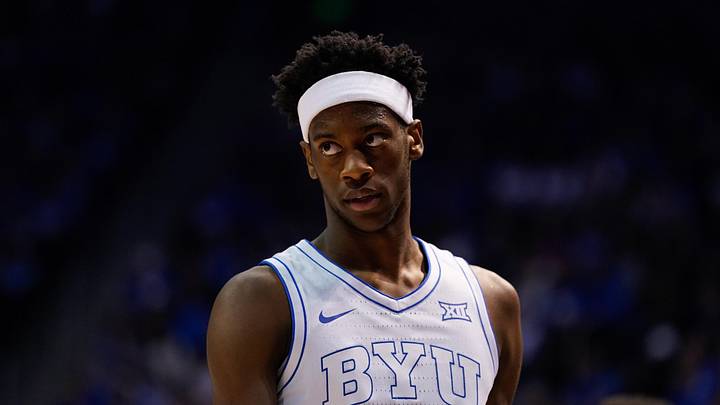 Jan 26, 2026; Provo, Utah, USA; BYU Cougars forward AJ Dybantsa (3) looks on during the first half against the Arizona Wildcats at Marriott Center. Mandatory Credit: Aaron Baker-Imagn Images