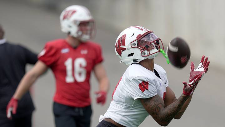 Wisconsin wide receiver Jaylon Domingeaux (9) is shown during football practice Thursday, August 6, 2026 at Camp Randall Stadium in Madison, Wisconsin.