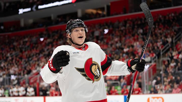 Carter Yakemchuk celebrating his first NHL point in his first NHL game on March 24, 2026 versus the Detroit Red Wings. 