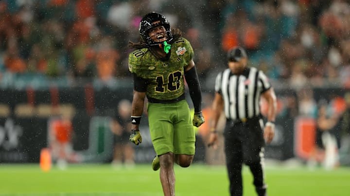 Oct 25, 2025; Miami Gardens, Florida, USA; Miami Hurricanes wide receiver Malachi Toney (10) reacts against the Stanford Cardinal during the third quarter at Hard Rock Stadium. Mandatory Credit: Sam Navarro-Imagn Images Oct 25, 2025; Miami Gardens, Florida, USA; Miami Hurricanes wide receiver Malachi Toney (10) reacts against the Stanford Cardinal during the third quarter at Hard Rock Stadium. Mandatory Credit: Sam Navarro-Imagn Images