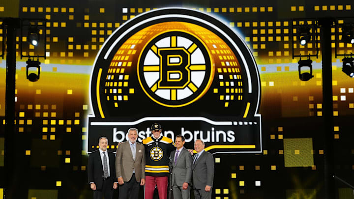 Jun 28, 2024; Las Vegas, Nevada, USA; Dean Letourneau is selected by the Boston Bruins with the 25th overall pick in the first round of the 2024 NHL Draft at The Sphere. Mandatory Credit: Stephen R. Sylvanie-Imagn Images