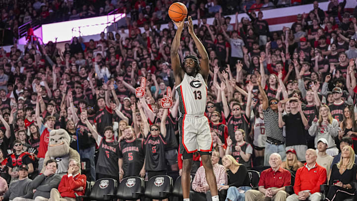 Feb 25, 2025; Athens, Georgia, USA; Georgia Bulldogs forward Dylan James (13) shoots against the Florida Gators during the first half at Stegeman Coliseum. Mandatory Credit: Dale Zanine-Imagn Images Feb 25, 2025; Athens, Georgia, USA; Georgia Bulldogs forward Dylan James (13) shoots against the Florida Gators during the first half at Stegeman Coliseum. Mandatory Credit: Dale Zanine-Imagn Images