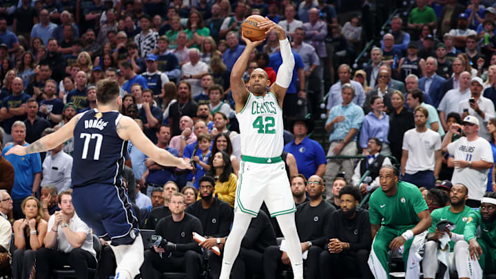 Jun 12, 2024; Dallas, Texas, USA; Boston Celtics center Al Horford (42) shoots the ball against the Dallas Mavericks during the second quarter during game three of the 2024 NBA Finals at American Airlines Center. Mandatory Credit: Kevin Jairaj-Imagn Images Jun 12, 2024; Dallas, Texas, USA; Boston Celtics center Al Horford (42) shoots the ball against the Dallas Mavericks during the second quarter during game three of the 2024 NBA Finals at American Airlines Center. Mandatory Credit: Kevin Jairaj-Imagn Images