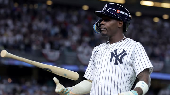 Sep 30, 2025; Bronx, New York, USA; New York Yankees second baseman Jazz Chisholm Jr. (13) reacts after flying out with the bases loaded during the ninth inning of game one of the Wildcard round of the 2025 MLB playoffs against the Boston Red Sox at Yankee Stadium. Mandatory Credit: Brad Penner-Imagn Images Sep 30, 2025; Bronx, New York, USA; New York Yankees second baseman Jazz Chisholm Jr. (13) reacts after flying out with the bases loaded during the ninth inning of game one of the Wildcard round of the 2025 MLB playoffs against the Boston Red Sox at Yankee Stadium. Mandatory Credit: Brad Penner-Imagn Images