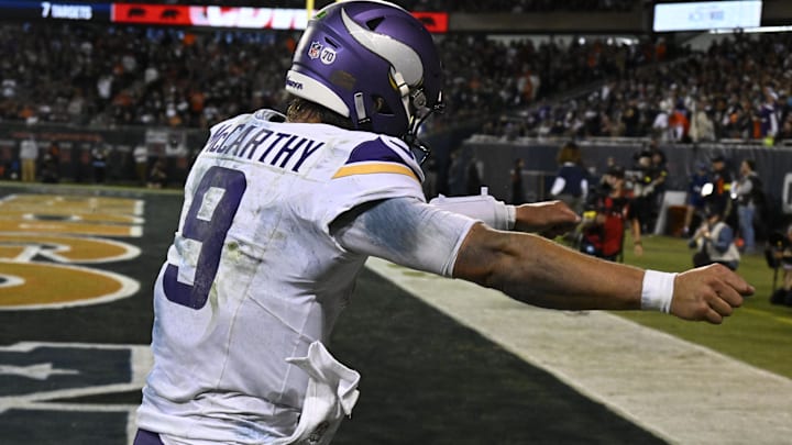 Sep 8, 2025; Chicago, Illinois, USA; Minnesota Vikings quarterback J.J. McCarthy (9) reacts after scoring a touchdown against the Chicago Bears during the second half at Soldier Field. Mandatory Credit: Matt Marton-Imagn Images Sep 8, 2025; Chicago, Illinois, USA; Minnesota Vikings quarterback J.J. McCarthy (9) reacts after scoring a touchdown against the Chicago Bears during the second half at Soldier Field. Mandatory Credit: Matt Marton-Imagn Images