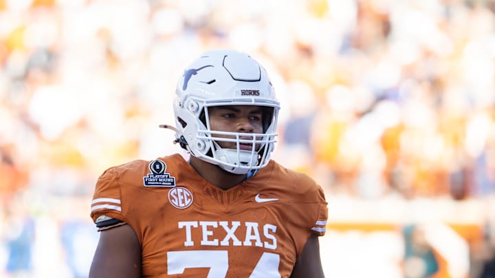 Dec 21, 2024; Austin, Texas, USA; Texas Longhorns offensive lineman Trevor Goosby (74) against the Clemson Tigers during the CFP National playoff first round at Darrell K Royal-Texas Memorial Stadium. Mandatory Credit: Mark J. Rebilas-Imagn Images