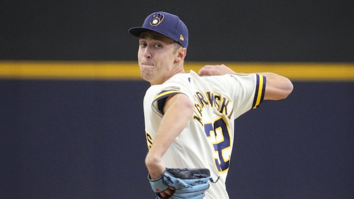 Apr 1, 2026; Milwaukee, Wisconsin, USA; Milwaukee Brewers pitcher Jacob Misiorowski (32) delivers a pitch against the Tampa Bay Rays in the first inning at American Family Field. Mandatory Credit: Michael McLoone-Imagn Images