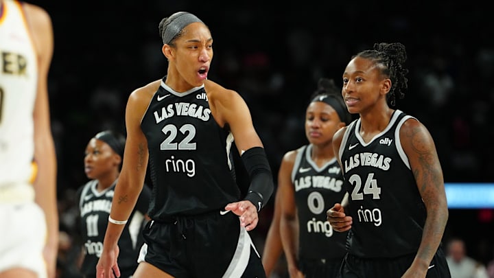 Las Vegas Aces center A'ja Wilson (22) celebrates with Las Vegas Aces guard Jewell Loyd (24) on September 30, 2025 Las Vegas Aces center A'ja Wilson (22) celebrates with Las Vegas Aces guard Jewell Loyd (24) on September 30, 2025