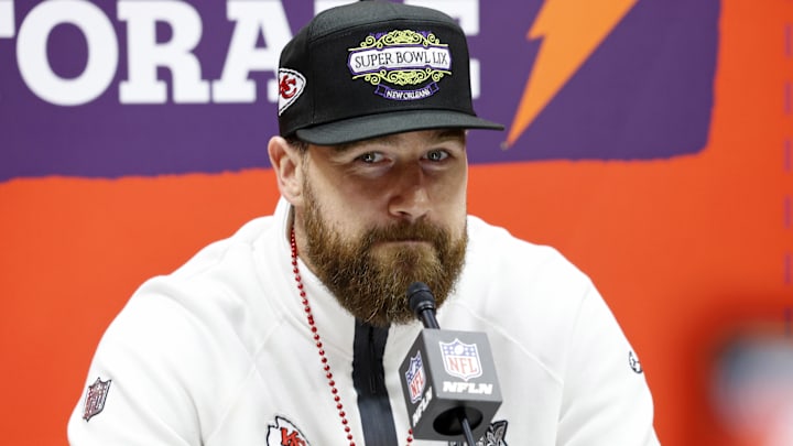 Feb 3, 2025; New Orleans, LA, USA; Kansas City Chiefs tight end Travis Kelce (87) talks to the media during Super Bowl LIX Opening Night at Ceasars Superdome. Mandatory Credit: Stephen Lew-Imagn Images