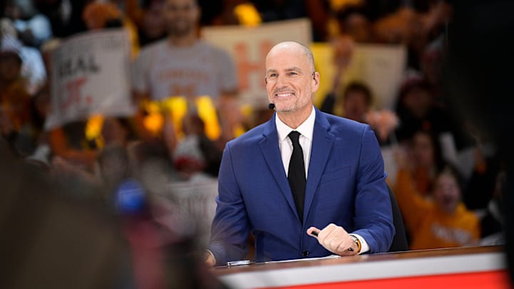 ESPN's Jay Bilas speaks during ESPN's 'College GameDay' broadcast ahead of No. 4 Tennessee's basketball game against No. 10 Texas at Thompson-Boling Arena in Knoxville, Tenn., on Saturday, Jan. 28, 2023.

Kns Ut Basketball College Gameday