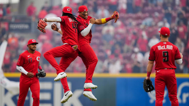 Apr 11, 2026; Cincinnati, Ohio, USA;  Cincinnati Reds shortstop Elly de la Cruz (44) celebrates with outfielder Noelvi Marte (4) after defeating the Los Angeles Angels at Great American Ball Park. Mandatory Credit: Aaron Doster-Imagn Images