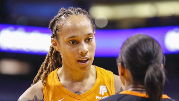 Phoenix Mercury center Brittney Griner talks with a referee after a no-call against the Las Vegas Aces on Sept. 8, 2019, in Phoenix.
Phoenix Mercury, Brittney Griner Phoenix Mercury center Brittney Griner talks with a referee after a no-call against the Las Vegas Aces on Sept. 8, 2019, in Phoenix.
Phoenix Mercury, Brittney Griner