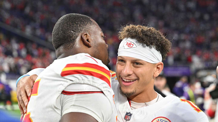 Chris Jones and Patrick Mahomes embrace after the Chiefs' 27–20 win over the Vikings on Oct. 8, 2023.
