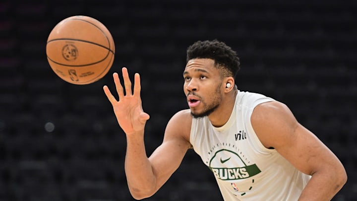 Mar 15, 2026; Milwaukee, Wisconsin, USA; Milwaukee Bucks forward Giannis Antetokounmpo (34) warms up before game against the Indiana Pacers at Fiserv Forum. Mandatory Credit: Benny Sieu-Imagn Images