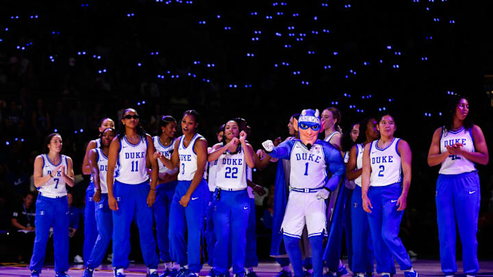 Oct 4, 2024; Durham, NC, USA;Duke Blue Devils Women’s Basketball team is introduced to the fans during Countdown to Craziness at Cameron Indoor Stadium. Mandatory Credit: Jaylynn Nash-Imagn Images