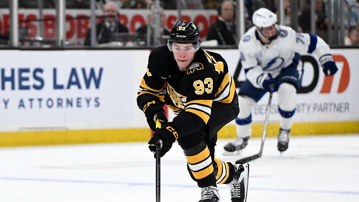 Apr 11, 2026; Boston, Massachusetts, USA; Boston Bruins center Fraser Minten (93) skates with the puck against the Tampa Bay Lightning during the first period at the TD Garden. Mandatory Credit: Brian Fluharty-Imagn Images Apr 11, 2026; Boston, Massachusetts, USA; Boston Bruins center Fraser Minten (93) skates with the puck against the Tampa Bay Lightning during the first period at the TD Garden. Mandatory Credit: Brian Fluharty-Imagn Images
