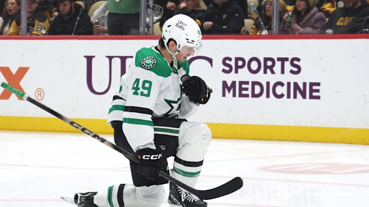 Mar 28, 2026; Pittsburgh, Pennsylvania, USA;  Dallas Stars center Justin Hryckowian (49) celebrates after scoring a goal against the Pittsburgh Penguins during the second period at PPG Paints Arena. Mandatory Credit: Charles LeClaire-Imagn Images
